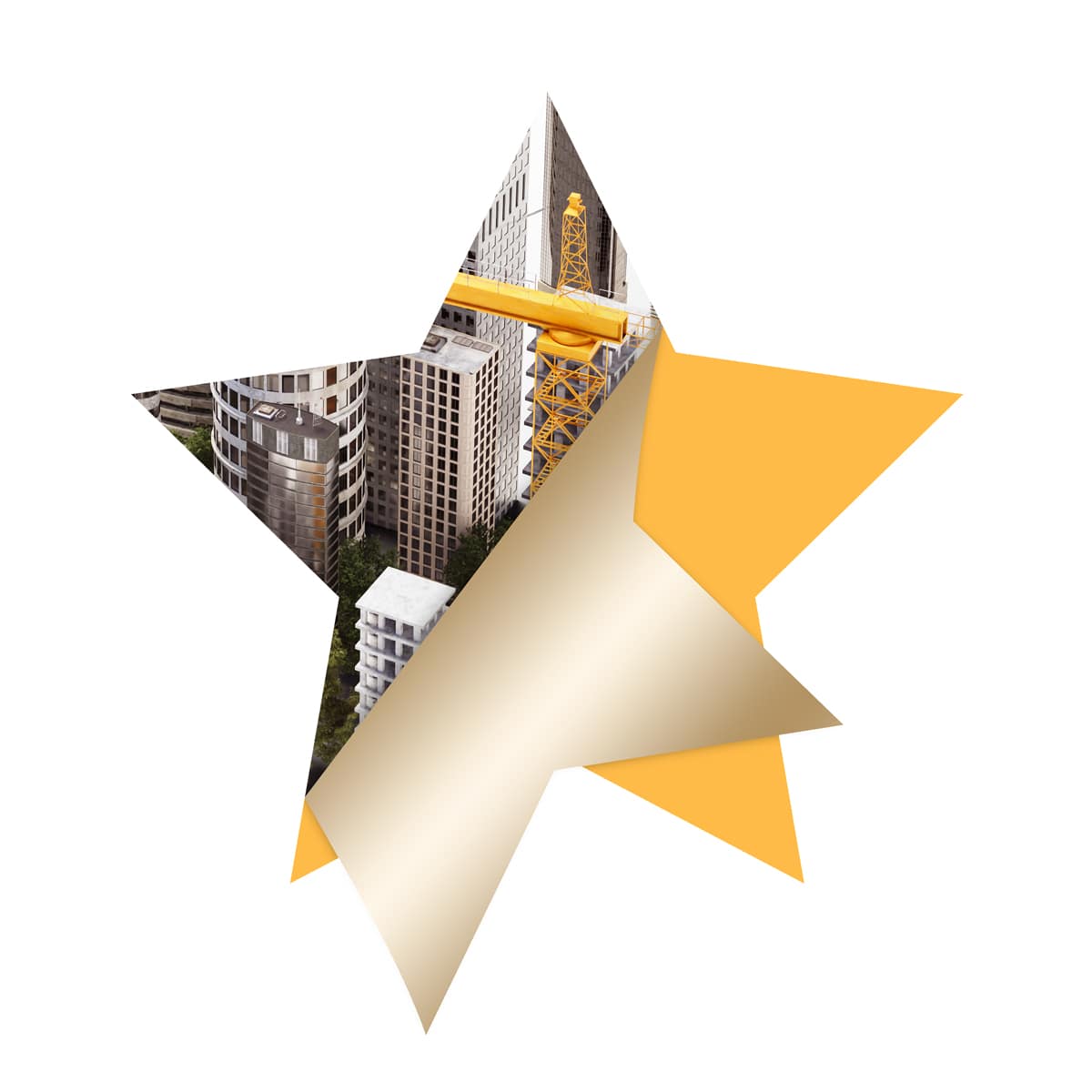 An illustration by Mariaelena Caputi of a slightly peeled off star sticker that gives a glimpse of a big city under construction. This is a metaphor for the often hidden but existing opportunities that would result from doing business with China.