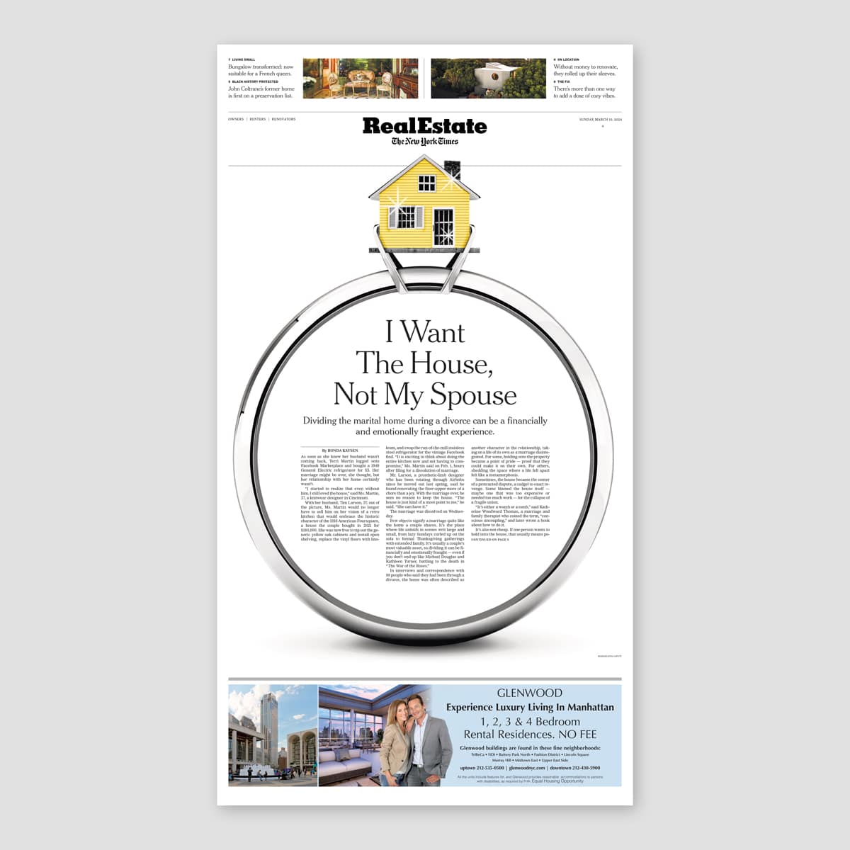 An illustration and animation by Mariaelena Caputi of a wedding band in which the diamond is replaced by a sparkling house.