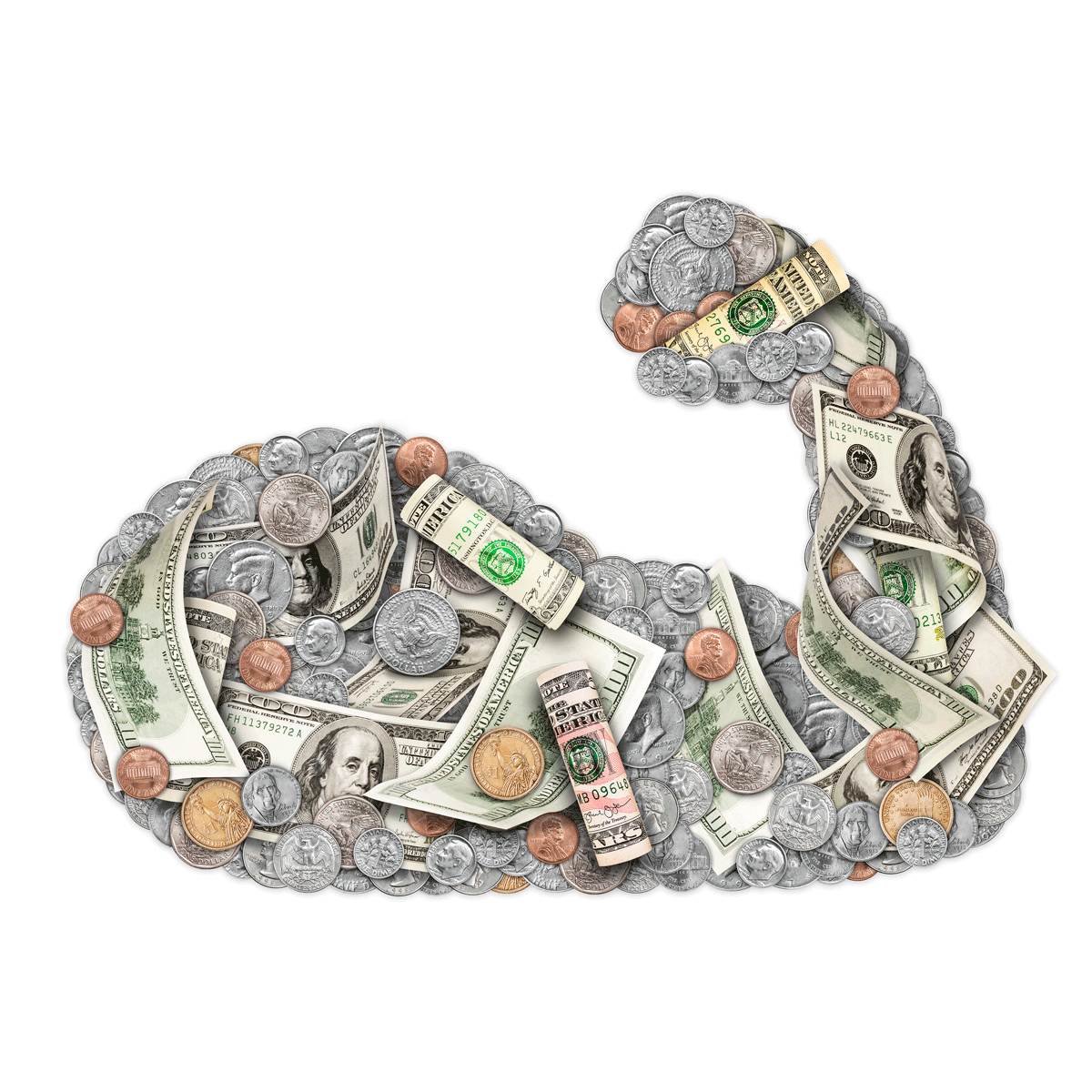 A couple of illustrations by Mariaelena Caputi. The first one portrays strong biceps made of coins and banknotes. The second one shows a plant whose fruits are money.