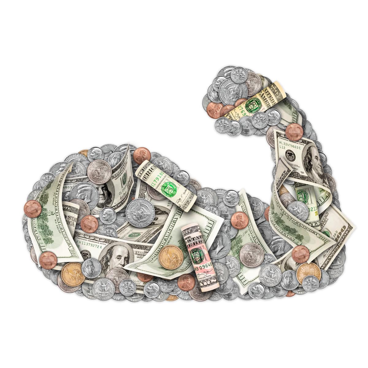 An illustration by Mariaelena Caputi which portrays strong biceps made of coins and banknotes.