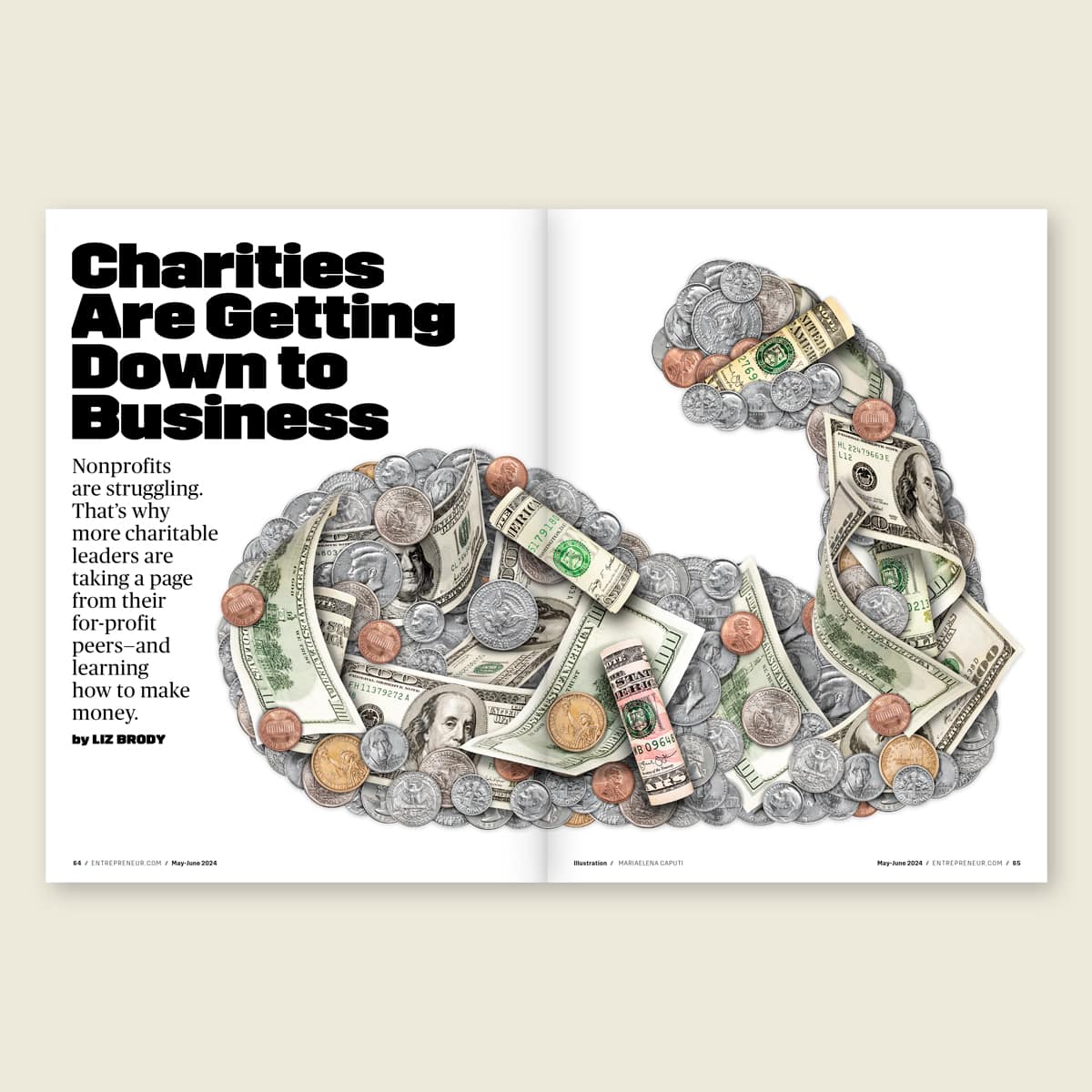 An illustration by Mariaelena Caputi which portrays strong biceps made of coins and banknotes.