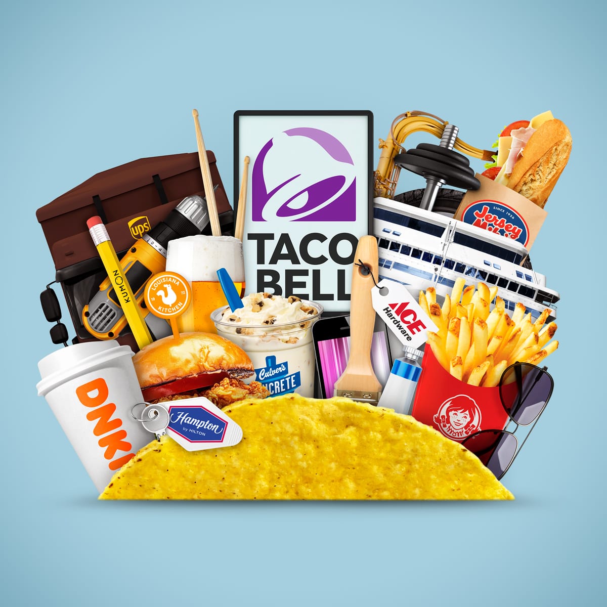 An illustration by Mariaelena Caputi of a huge taco that contains several ingredients inside, each corresponding to the most popular and best-selling franchise products on the market.