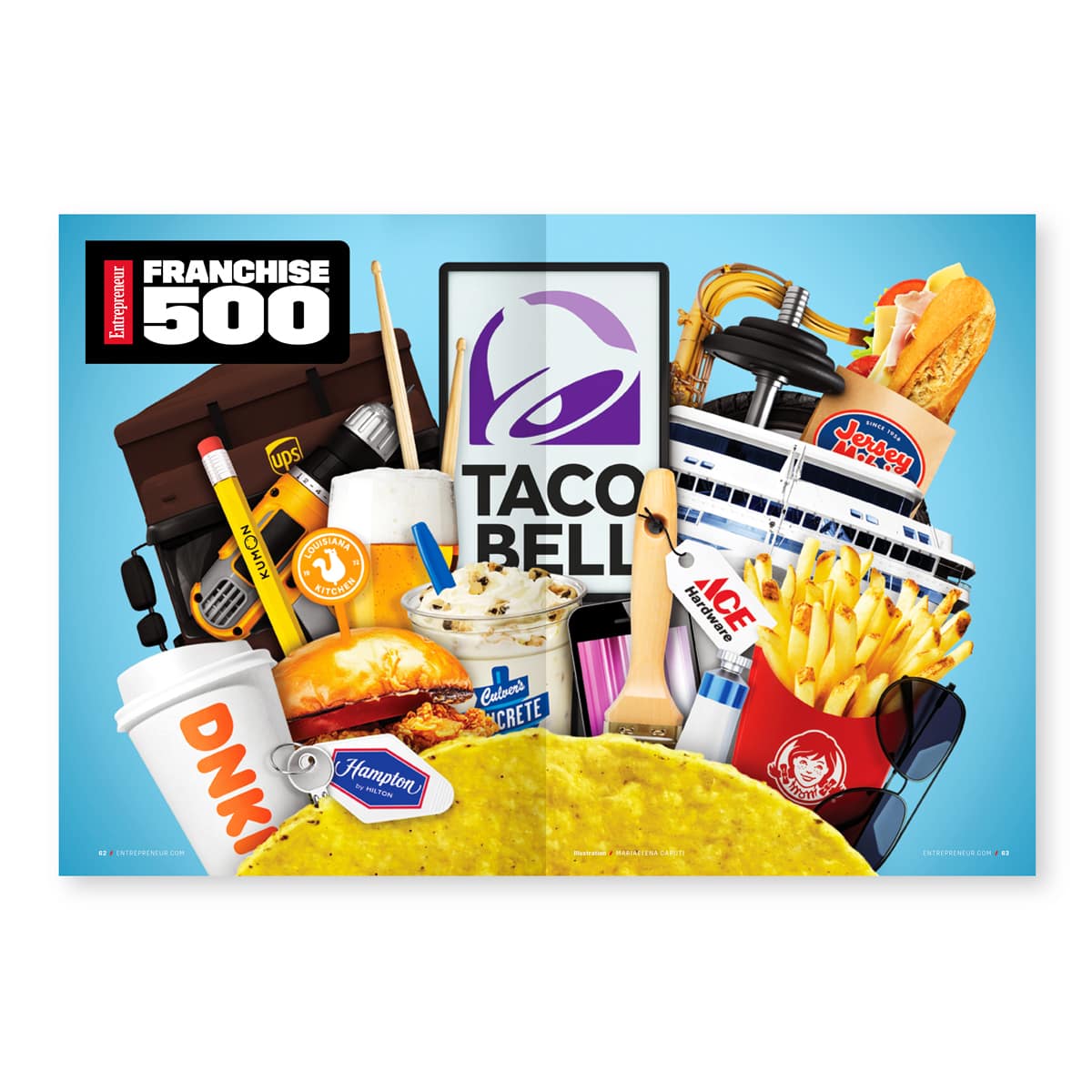 An illustration by Mariaelena Caputi of a huge taco that contains several ingredients inside, each corresponding to the most popular and best-selling franchise products on the market.