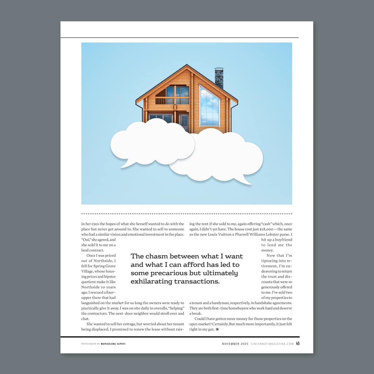An illustration by Mariaelena Caputi depicting a house suspended between two clouds that are actually speech bubbles.