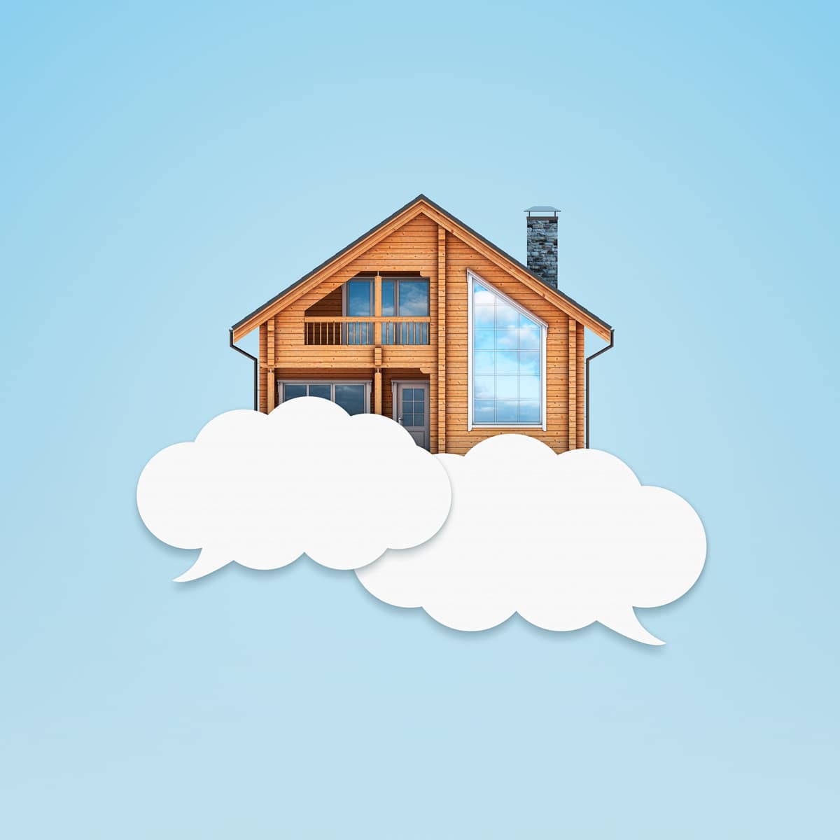 An illustration by Mariaelena Caputi depicting a house suspended between two clouds that are actually speech bubbles.