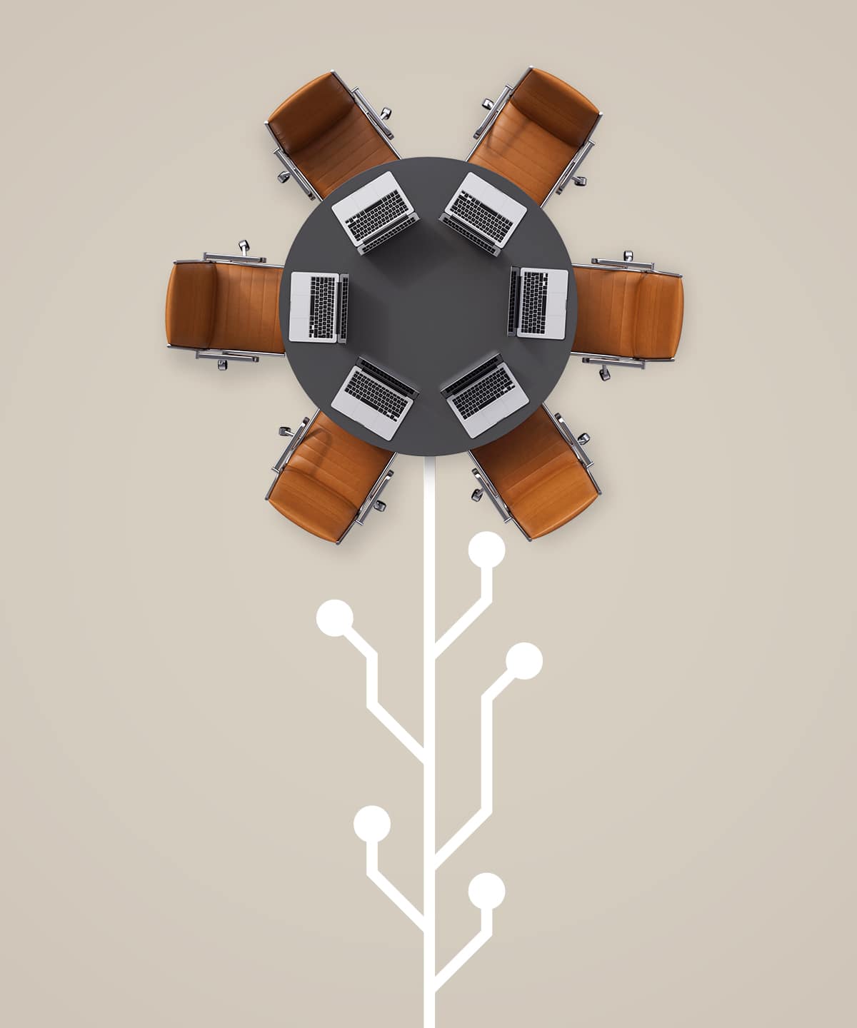 An illustration by Mariaelena Caputi of a flower whose corolla is a round table with several digital workstations and whose stem is made of circuits.