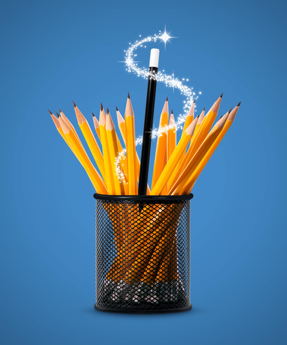 An illustration by Mariaelena Caputi showing a magic wand wrapped in sparks that emerges from a bunch of pencils.