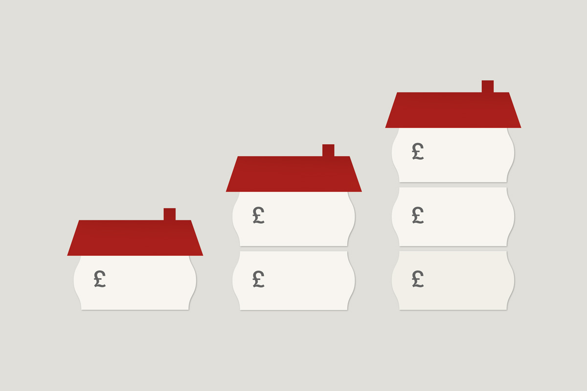 An illustration by Mariaelena Caputi of an ascending bar graph. The bars are piles of little houses, whose walls are price tags.