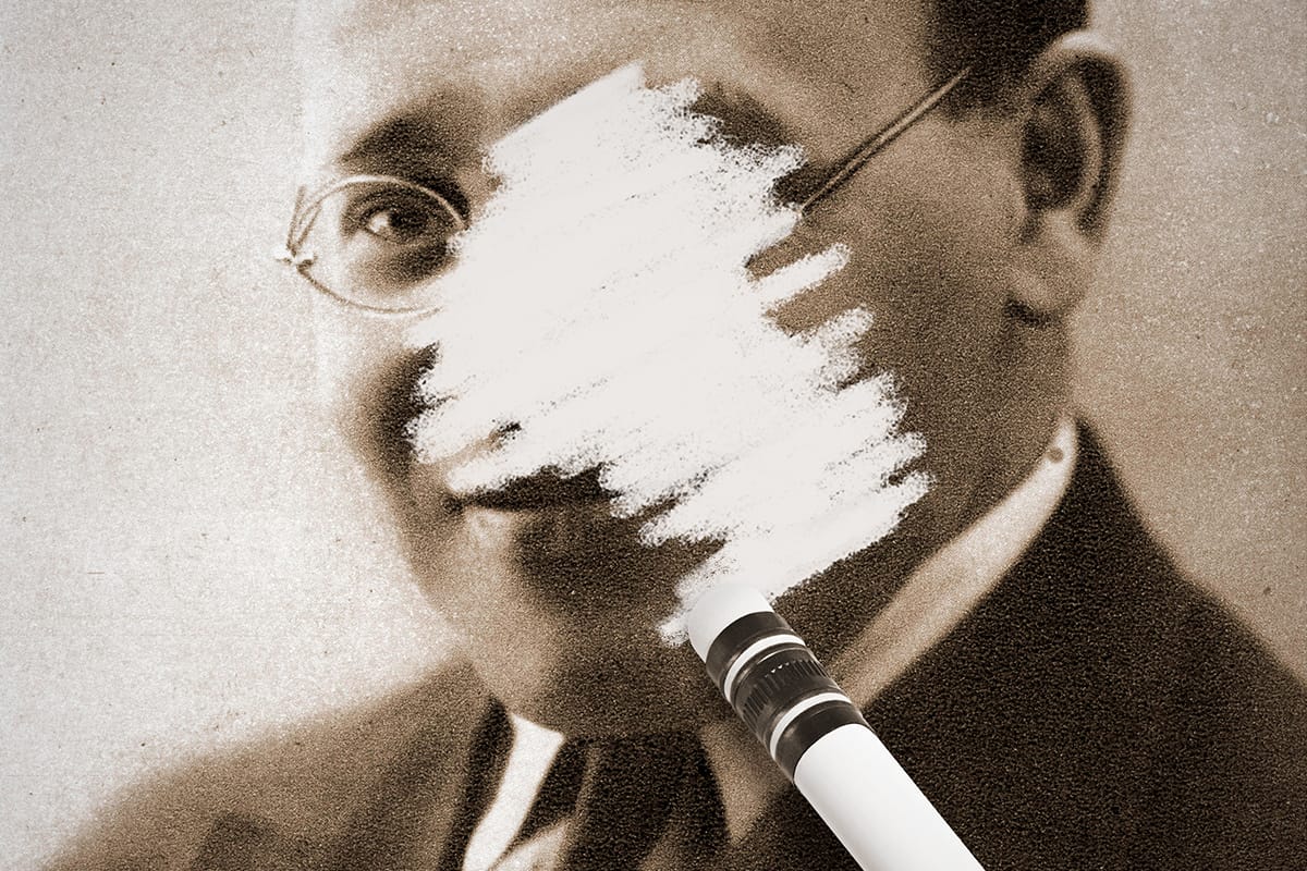 An illustration by Mariaelena Caputi that represents a photograph of writer Isaac Babel while a rubber is erasing it.