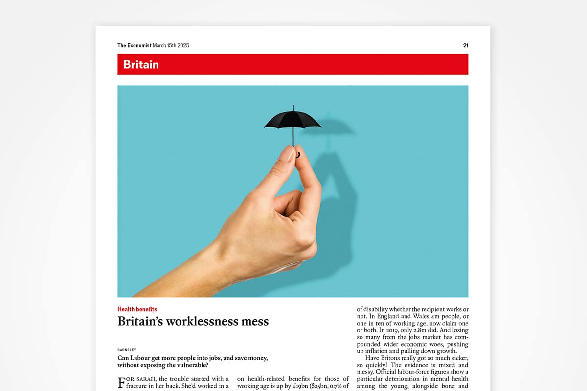 An illustration by Mariaelena Caputi showing a hand holding a small umbrella, a metaphor for the government's planned cuts to the welfare system with the risk of exposing the most vulnerable people.