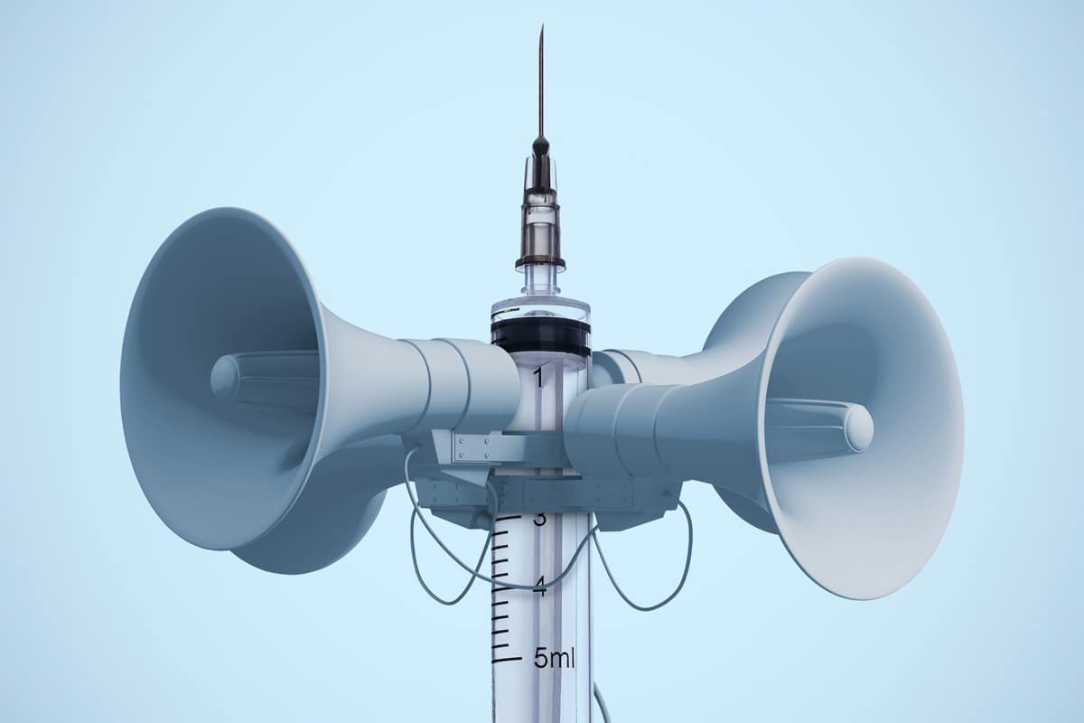 An illustration by Mariaelena Caputi of a syringe that is the pole of a public announcement speaker.