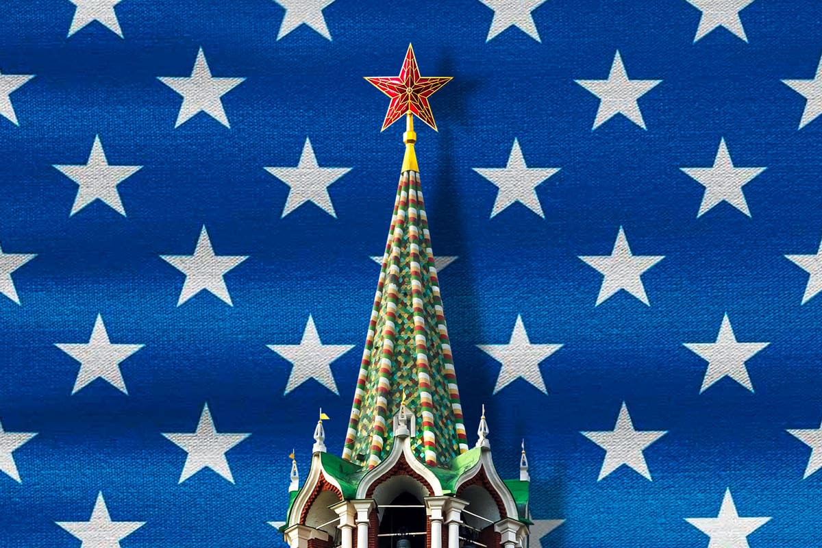 An illustration by Mariaelena Caputi in which the red star of the Kremlin replaces a star on the American flag.