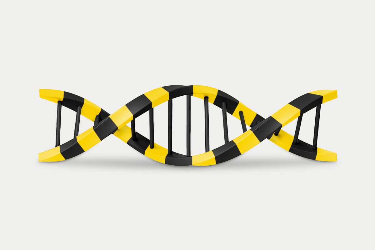 An illustration by Mariaelena Caputi of a DNA sequence made of yellow and black caution tape.