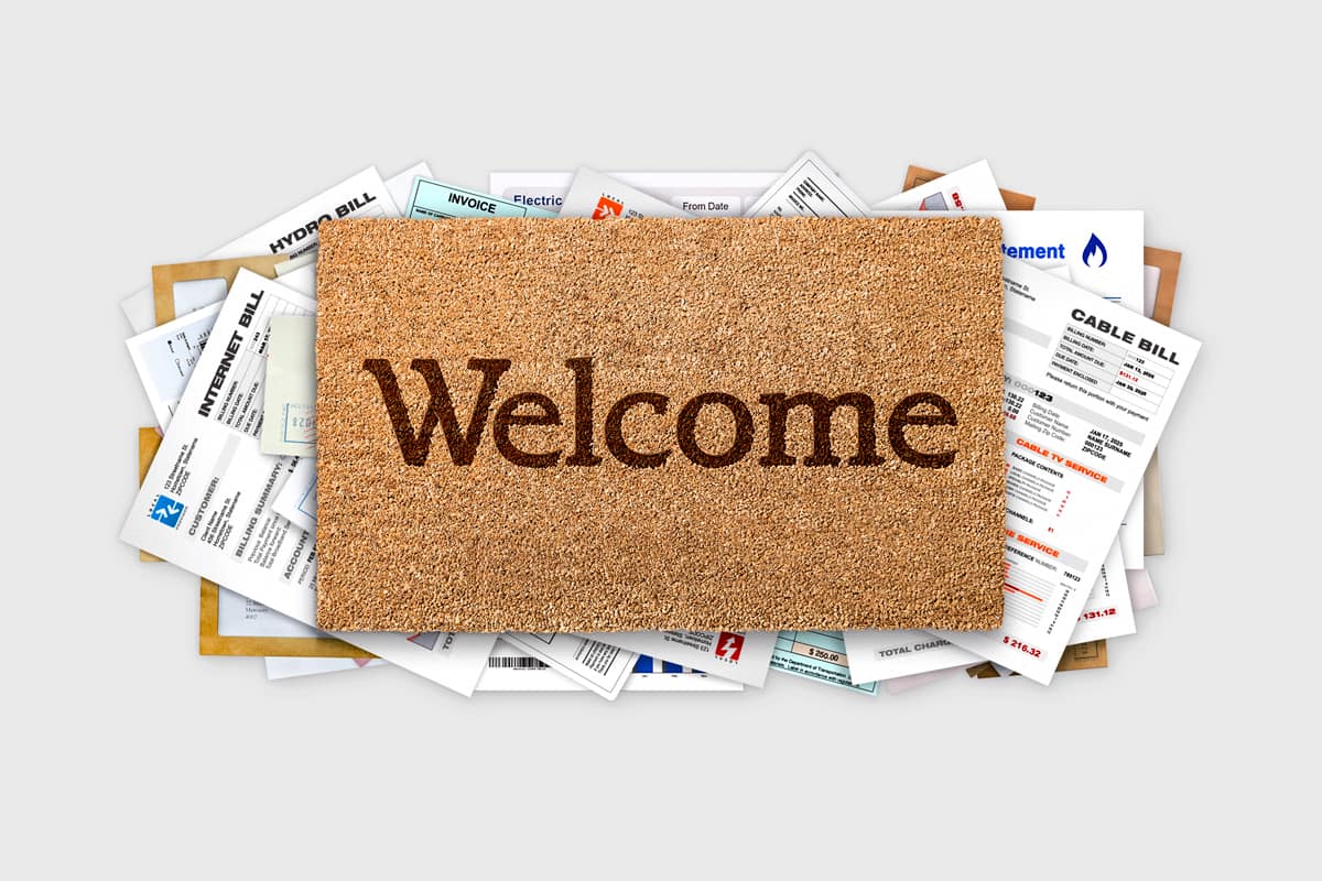 An illustration by Mariaelena Caputi depicting a doormat with utility bills and receipts sticking out of it.