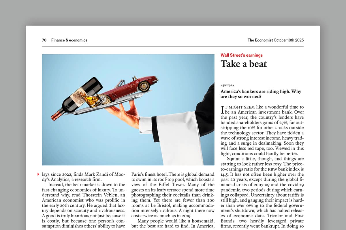 An illustration by Mariaelena Caputi of a waiter who is about to drop the plate he is carrying, containing luxury goods.