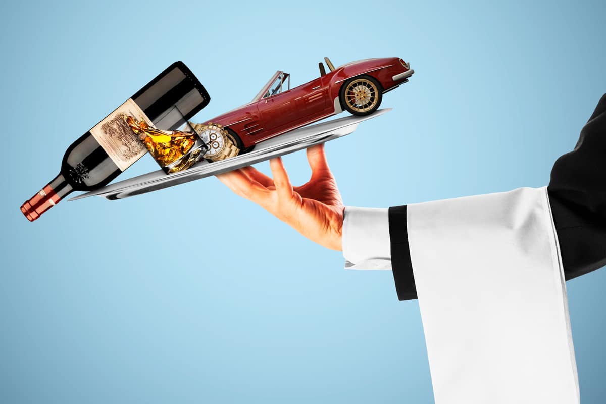 An illustration by Mariaelena Caputi of a waiter who is about to drop the plate he is carrying, containing luxury goods.