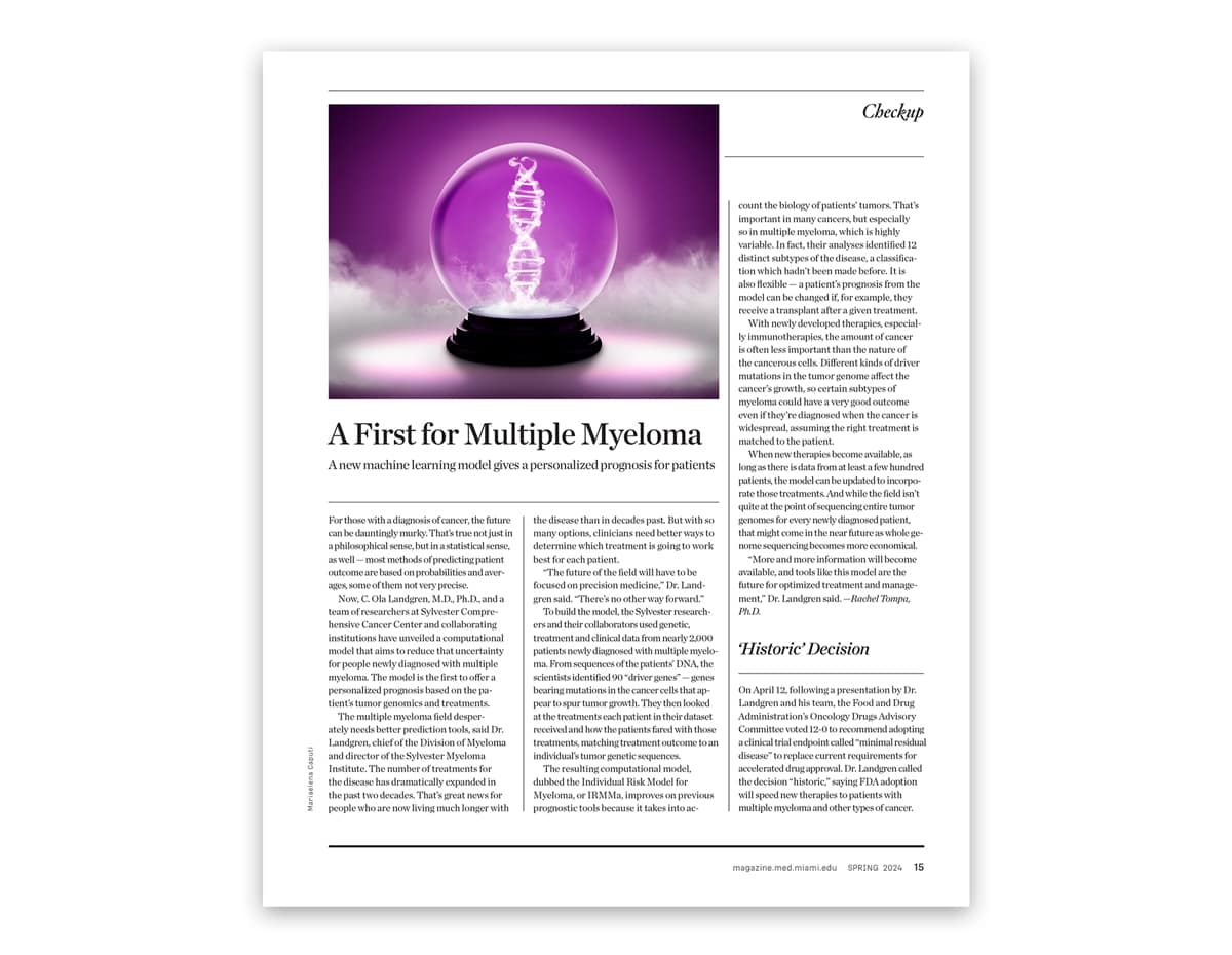 An illustration by Mariaelena Caputi of a magic crystal ball inside which a DNA sequence appears.