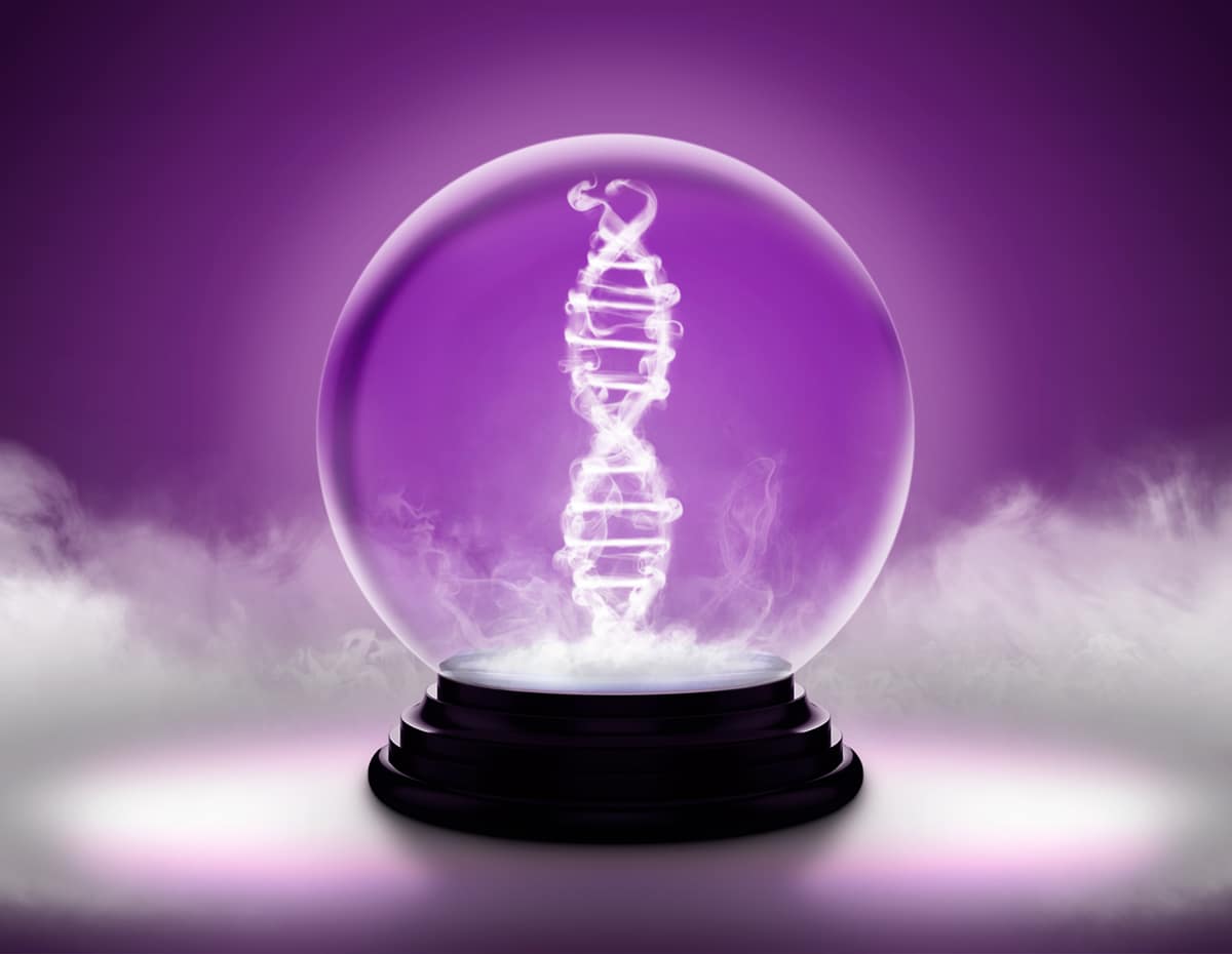 An illustration by Mariaelena Caputi of a magic crystal ball inside which a DNA sequence appears.