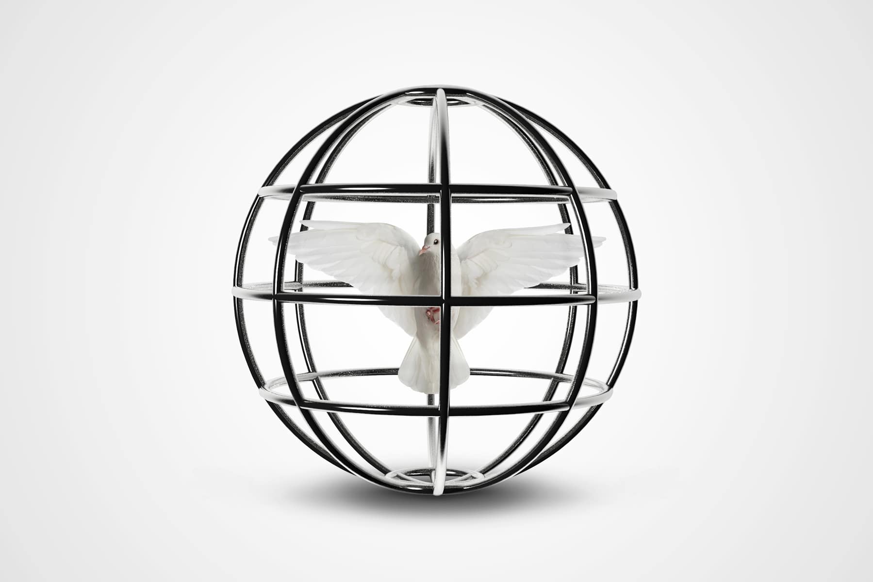 An illustration by Mariaelena Caputi depicting a dove locked in a globe-shaped cage.