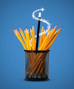 An illustration by Mariaelena Caputi showing a magic wand wrapped in sparks that emerges from a bunch of pencils.