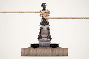 A couple of illustrations by Mariaelena Caputi. The first one is about a statue of Alexander Pushkin tied with a rope whose ends are overbearingly pulled to two opposite sides. The second represents a photograph of writer Isaac Babel while a rubber is erasing it.