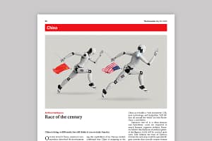 An illustration by Mariaelena Caputi showing a race between two androids running while carrying the flags of their respective countries: the United States and China.