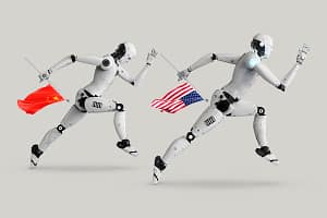 An illustration by Mariaelena Caputi showing a race between two androids running while carrying the flags of their respective countries: the United States and China.