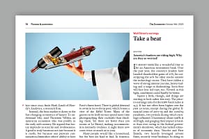 An illustration by Mariaelena Caputi of a waiter who is about to drop the plate he is carrying, containing luxury goods.