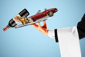 An illustration by Mariaelena Caputi of a waiter who is about to drop the plate he is carrying, containing luxury goods.