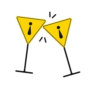 An illustration by Mariaelena Caputi of two upside-down triangular hazard signs creating two cocktail glasses ready to toast.